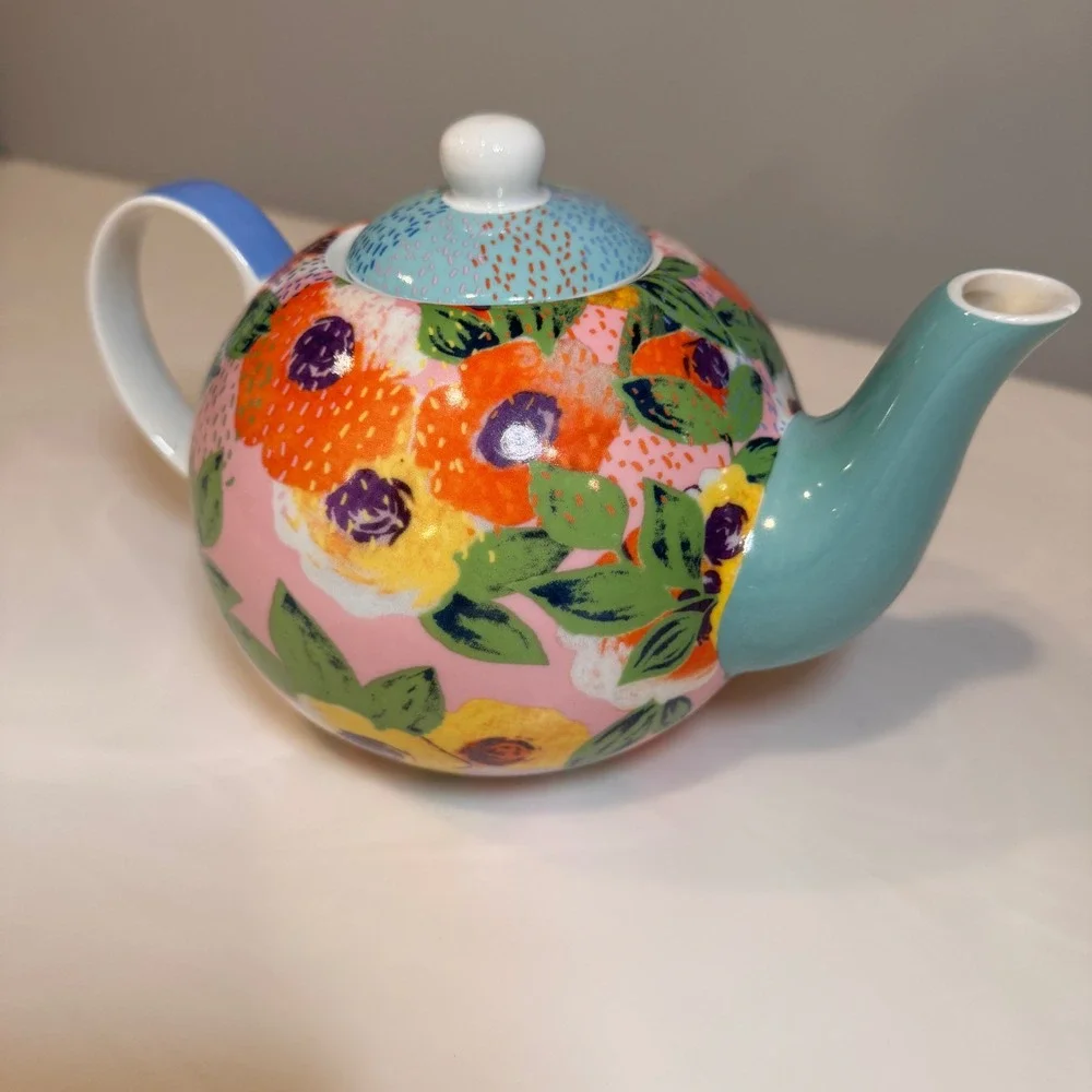 Oliver Bonas Floral Teapot Ceramic Pink Blue Orange Abstract Tea‎ Pot UK Design